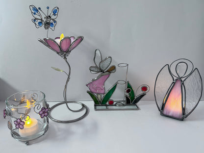 Vintage Stained Glass Candle Holder Lot (Set of 4) - Pink Flower with Blue Butterfly, Angel, Fairy Garden & Jeweled Votive Cup