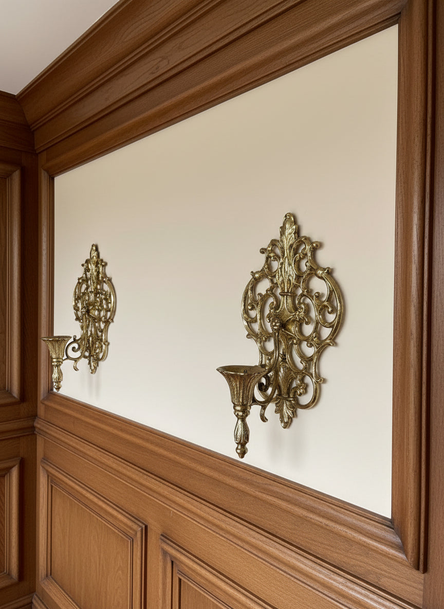 Pair of Vintage Mid Century Filigree Brass/Brass Plated Wall Sconces Candle Holders, French Rococo Style