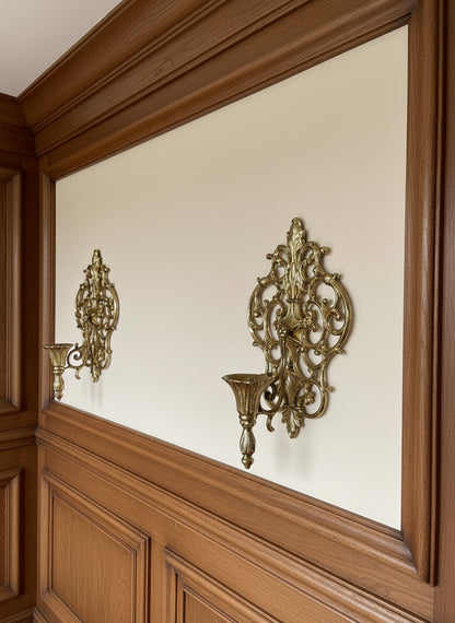 Pair of Vintage Mid Century Filigree Brass/Brass Plated Wall Sconces Candle Holders, French Rococo Style