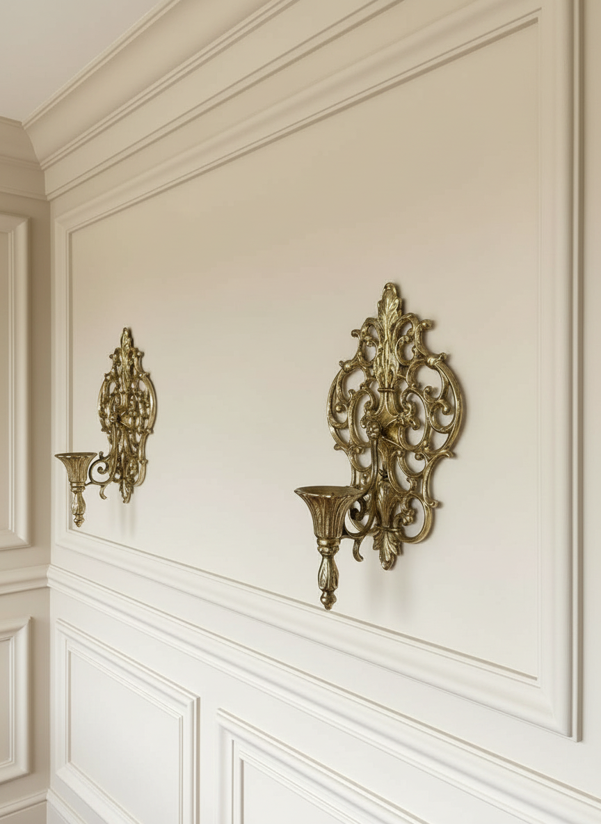 Pair of Vintage Mid Century Filigree Brass/Brass Plated Wall Sconces Candle Holders, French Rococo Style