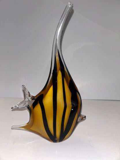 Magnificent Mid-Century Modern Amber & Black Striped Hand Blown Art Glass Angelfish 
Sculpture - Murano Style