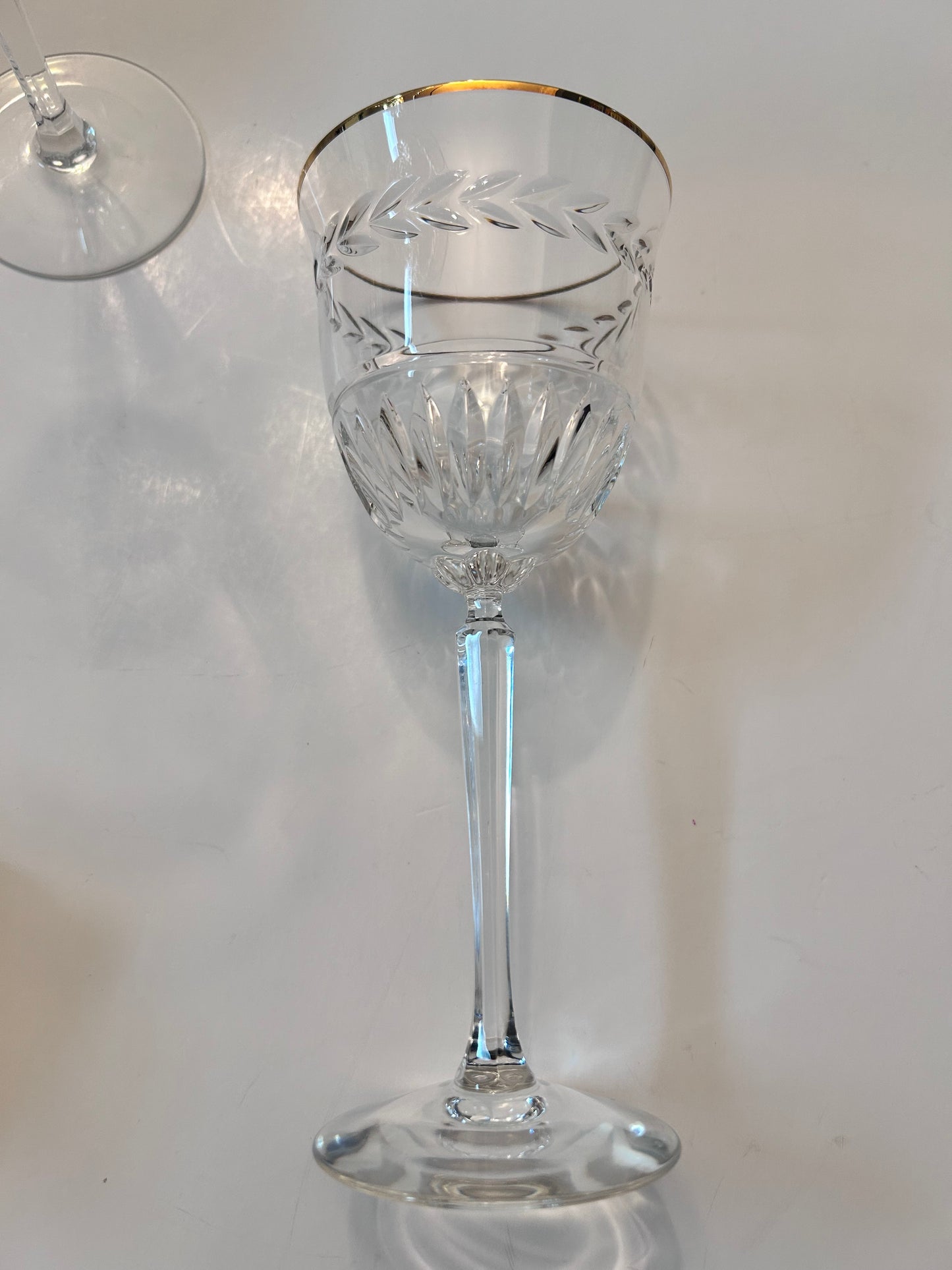 Set of 2 Vintage Lenox Monroe Gold Crystal Wine Glasses - Wheat Etch & Gold Rim - 7-1/4"
H - Made in USA