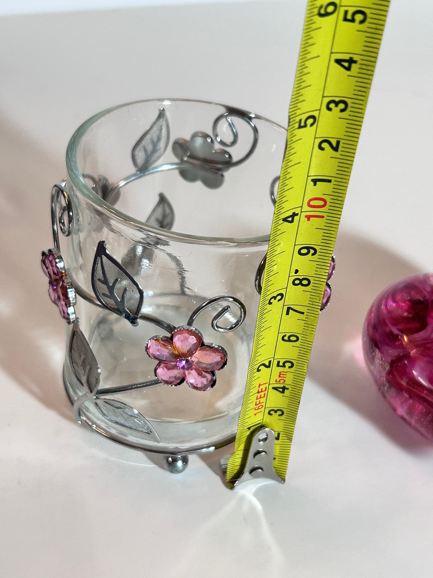 Vintage Signed Pink Swirl Glass HeartPaperweight & Floral Gem Votive