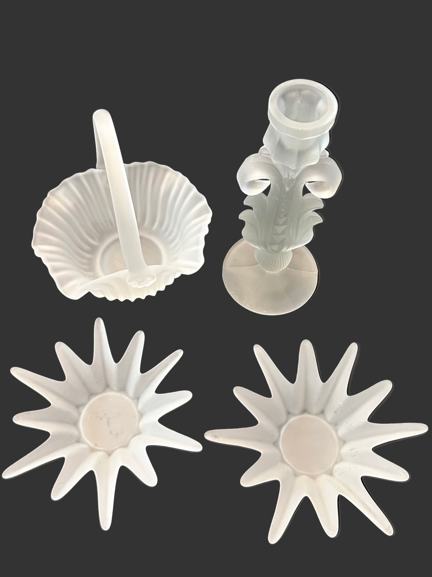 Vintage EAPG SATIN FROSTED Glass LOT |Moon & Star Compote/Candy Dish, Tall Candle Holder, Basket | Milk Glass (Set of 4)