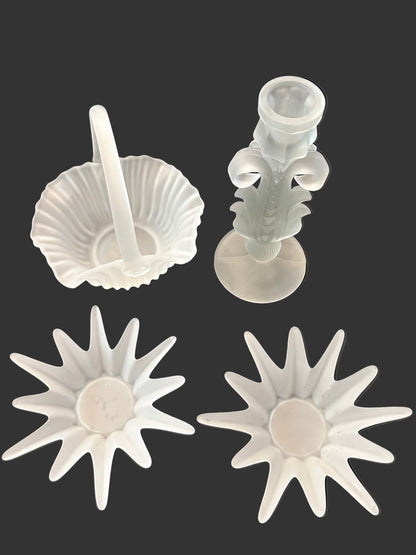 Vintage EAPG SATIN FROSTED Glass LOT |Moon & Star Compote/Candy Dish, Tall Candle Holder, Basket | Milk Glass (Set of 4)