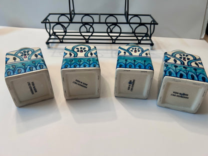 Artisan Hand-Painted Blue & White Indian Ceramic Spice Jar Set (4 Jars) w/ Metal Caddy