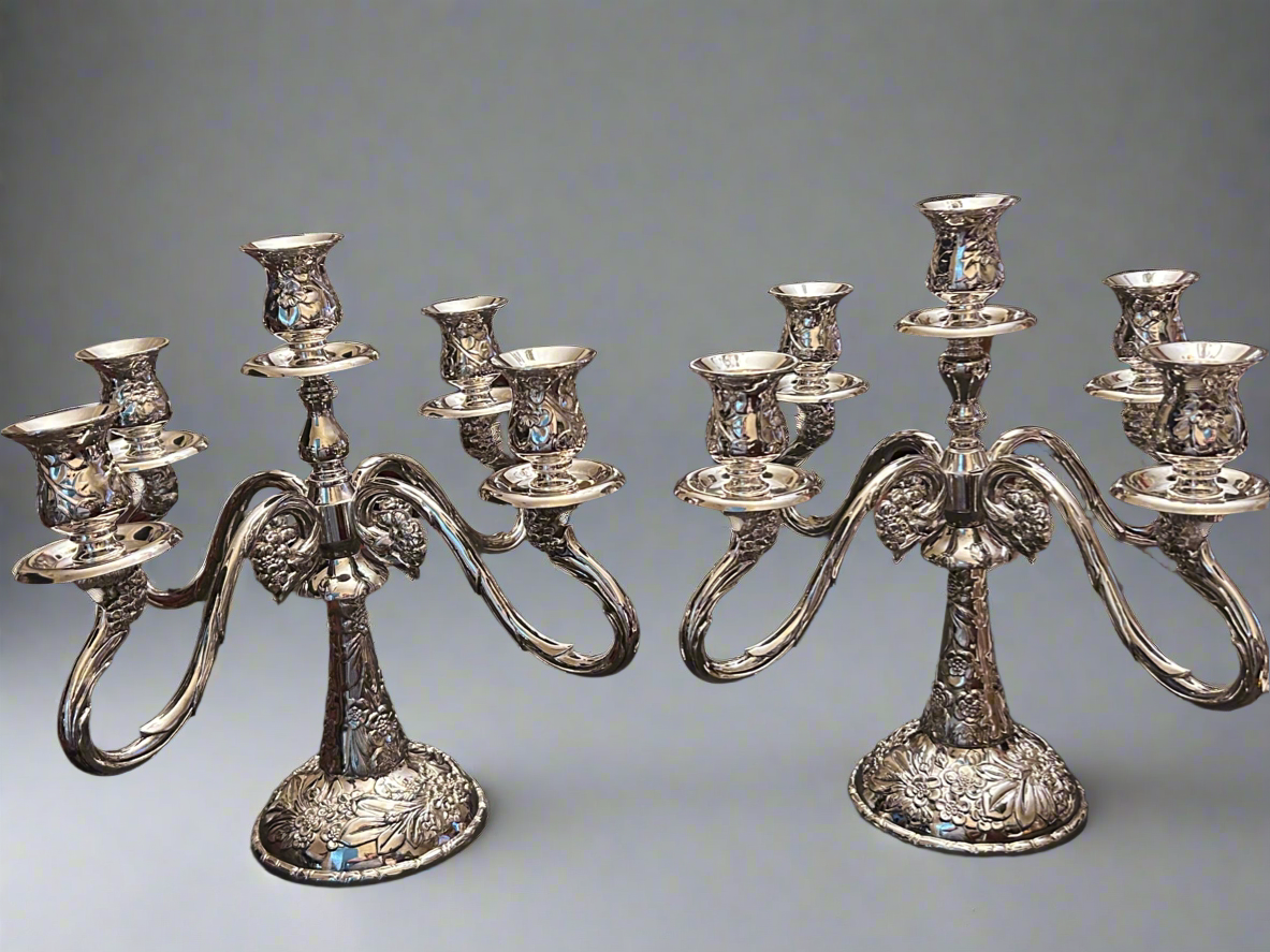 Vintage Silver Plated Victorian Style Floral Candelabra - Set of Two