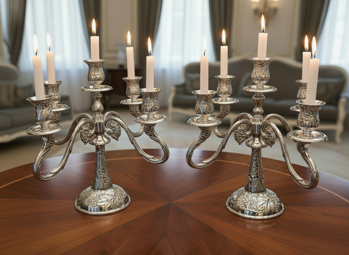 Vintage Silver Plated Victorian Style Floral Candelabra - Set of Two