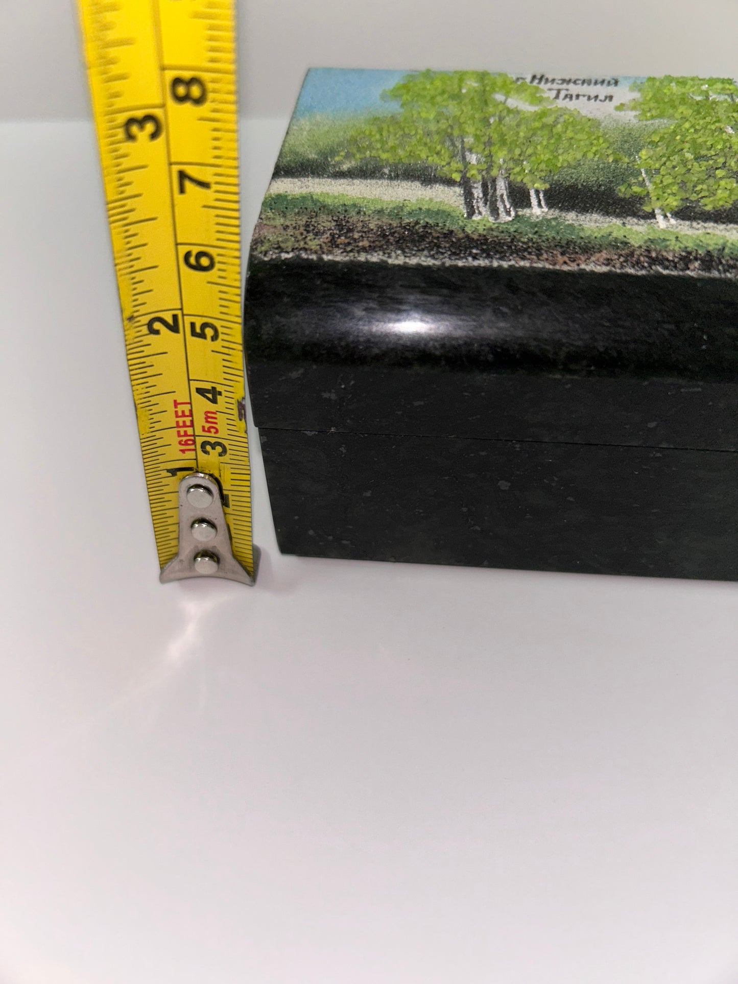 Vintage Russian Green Ural Serpentine Small Trinket Mosaic Hinged Casket - Birch Tree Scene