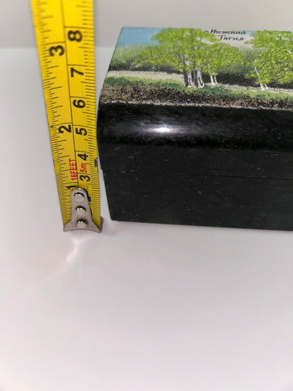 Vintage Russian Green Ural Serpentine Small Trinket Mosaic Hinged Casket - Birch Tree Scene