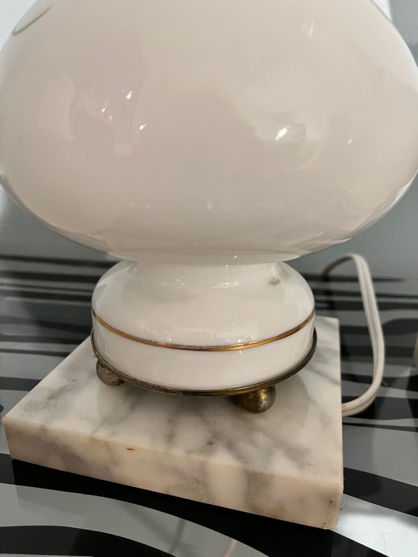 Mid - Century Italians Hand-Painted Milk Glass Lamps – Glossy Finish with Genuine Carrara Marble Base