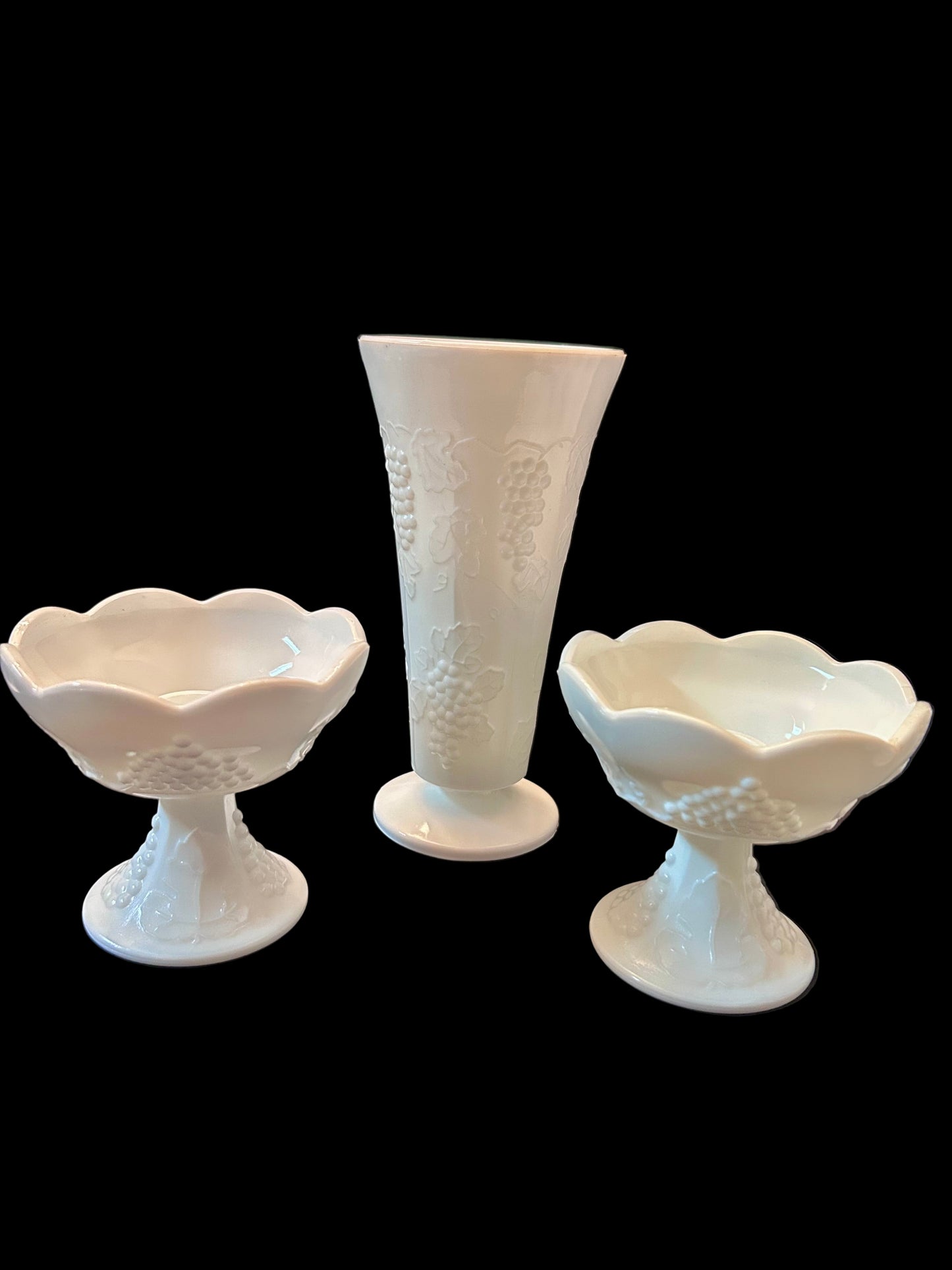 Vintage Milk Glass 3-Piece Set: Grape & Leaf Pedestal ( 8”)Vase with Matching Taper Candle
Holders