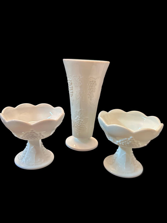 Vintage Milk Glass 3-Piece Set: Grape & Leaf Pedestal ( 8”)Vase with Matching Taper Candle
Holders