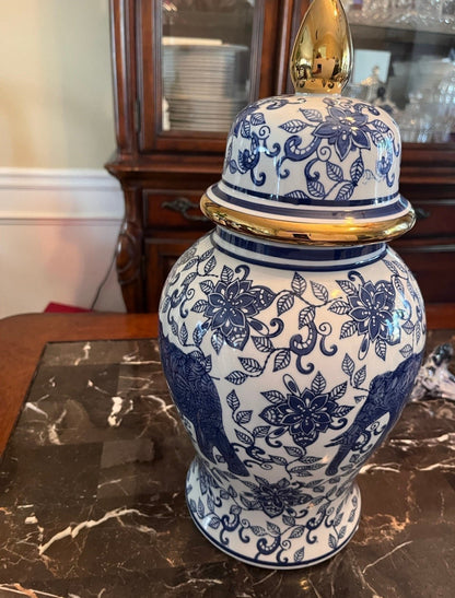 New Blue & White Porcelain 15" Elephant Lidded Jar Vase.