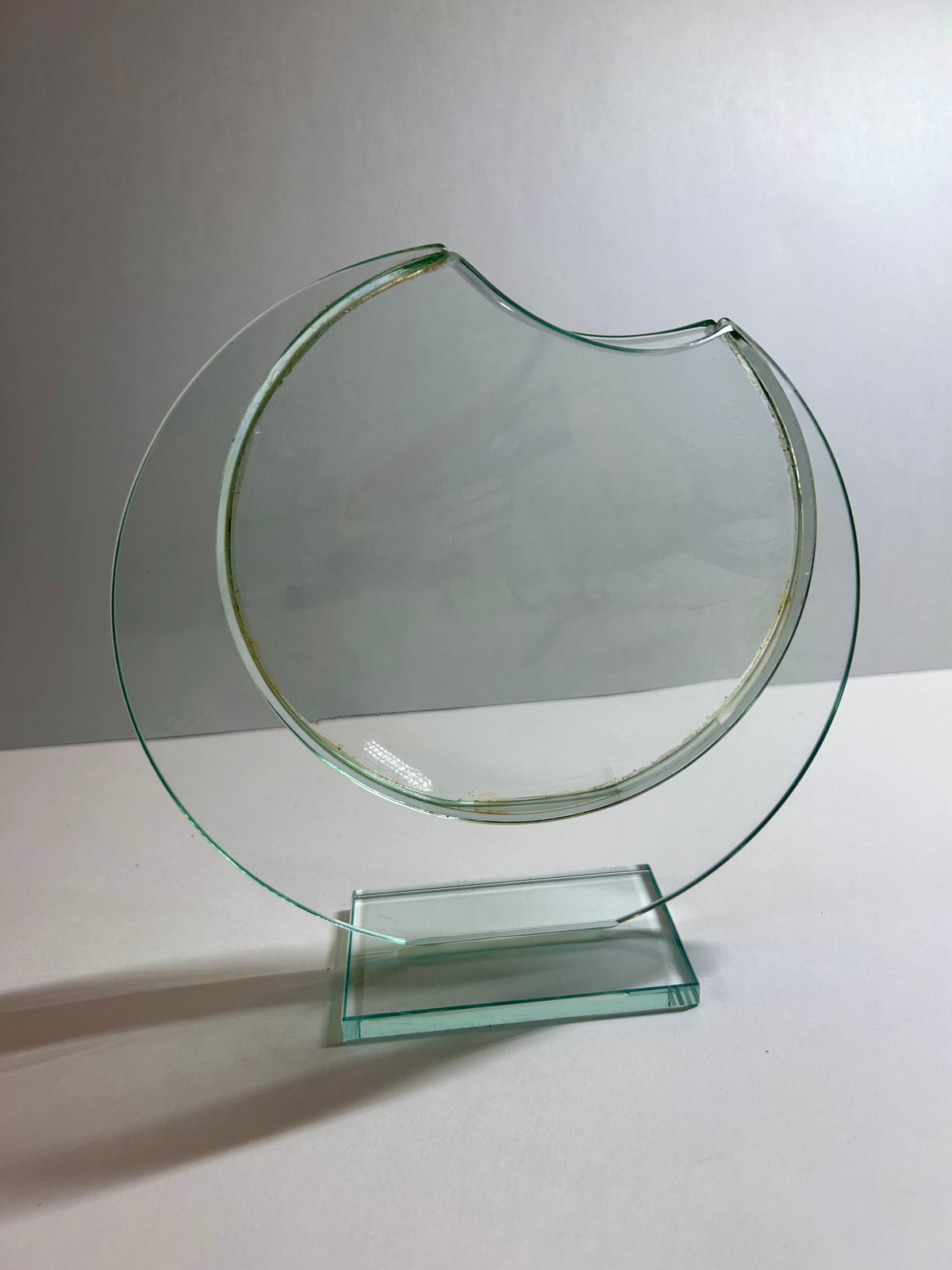 Unique Vintage Sculptural Green-Tint Art Glass "Floating Orbit" Vase (8.25”)Modernist Art Piece