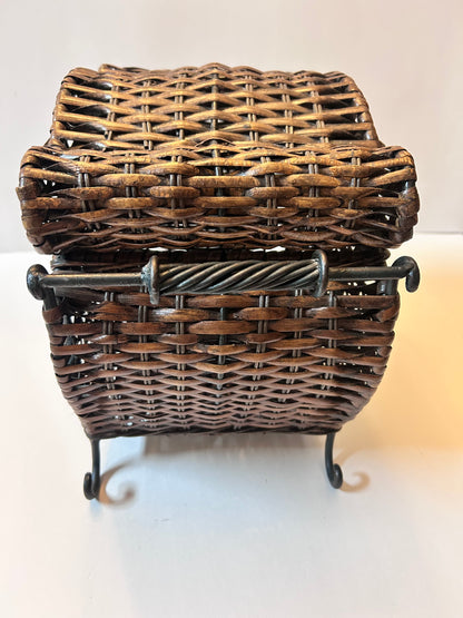 Vintage Woven Wicker Chest with Wrought Iron Scroll Feet & Twisted Metal Handles