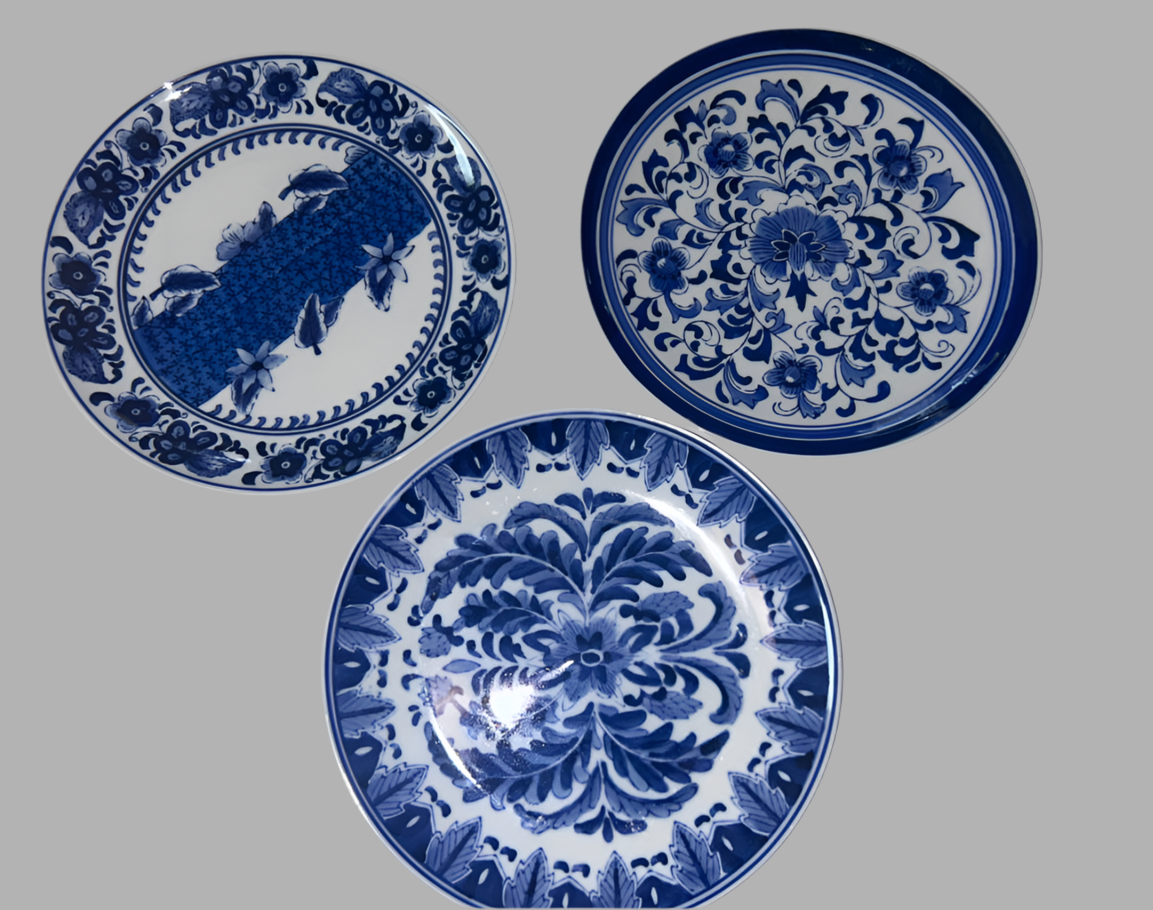 Blue and White Plates Mixed Floral & Asian-Inspired Patterns (Set of 3)