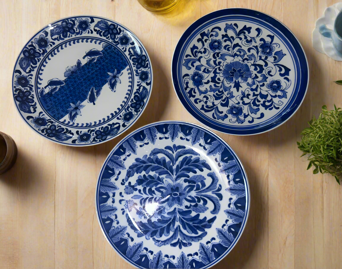 Blue and White Plates Mixed Floral & Asian-Inspired Patterns (Set of 3)