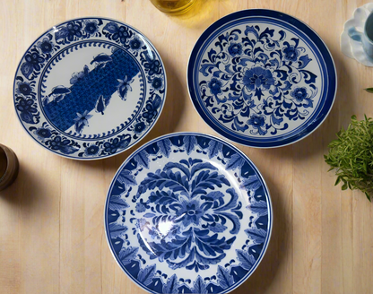 Blue and White Plates Mixed Floral & Asian-Inspired Patterns (Set of 3)