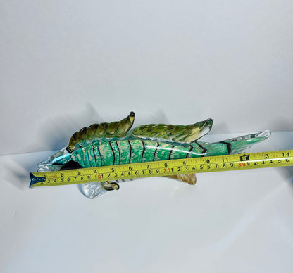 Vintage Hand-Blown Art Glass Fish Sculpture - Green & Amber -Large (13" × 8")