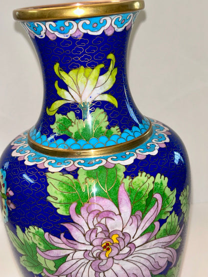 Vintage Cloisonné Over Copper Vase 12" H - Chrysanthemum & Butterfly Design