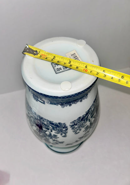 Vintage Black and White Porcelain Chinoiserie Vase - Rooster, Hen, & Rabbit Motif (14”)
