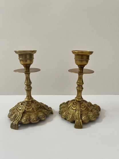 19th Century Ornate Brass Candle Holders - Finest Antique