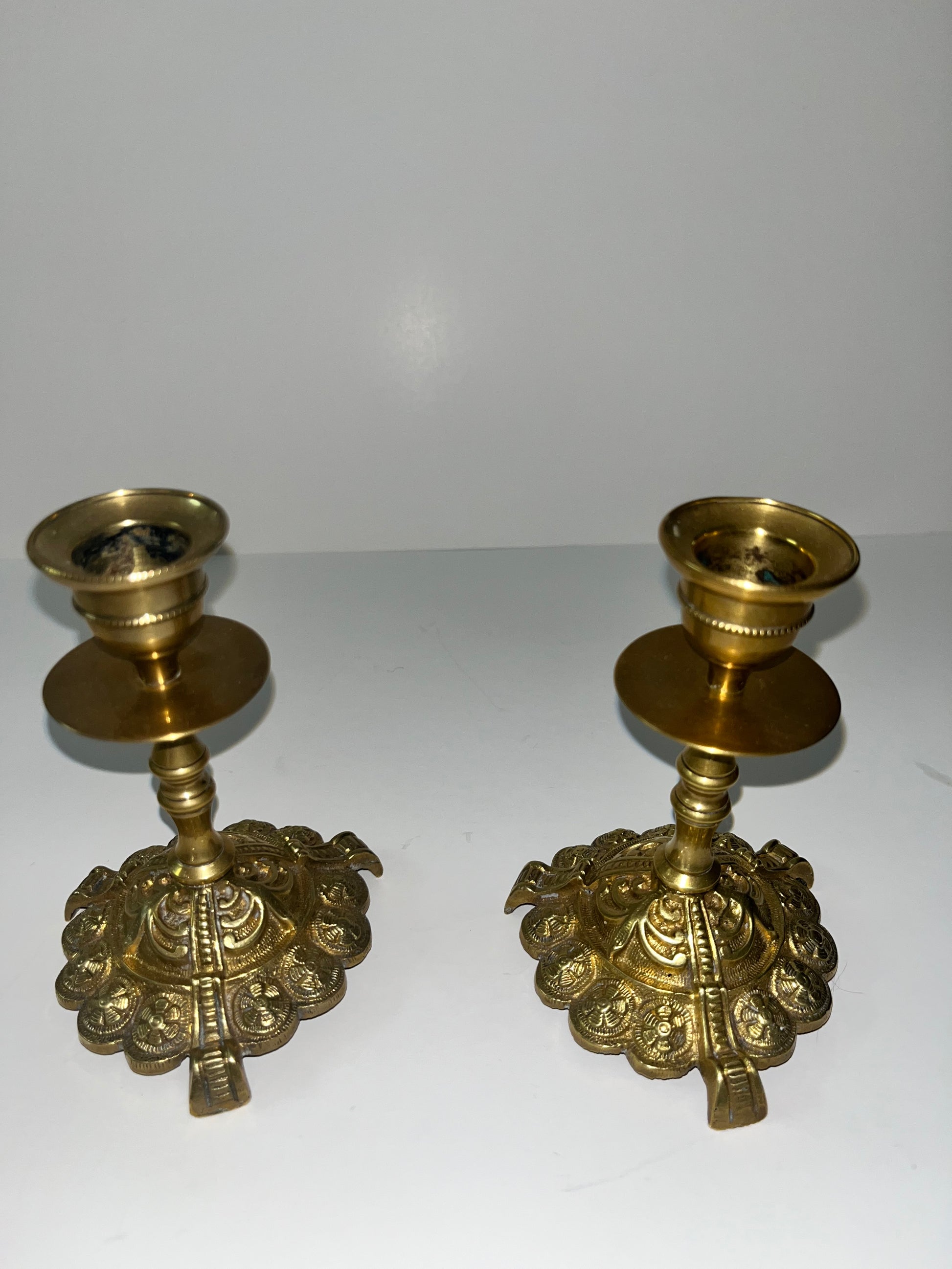 19th Century Ornate Brass Candle Holders - Finest Antique