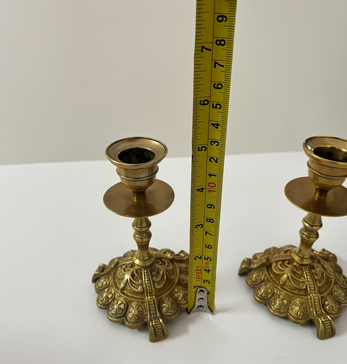 19th Century Ornate Brass Candle Holders - Finest Antique