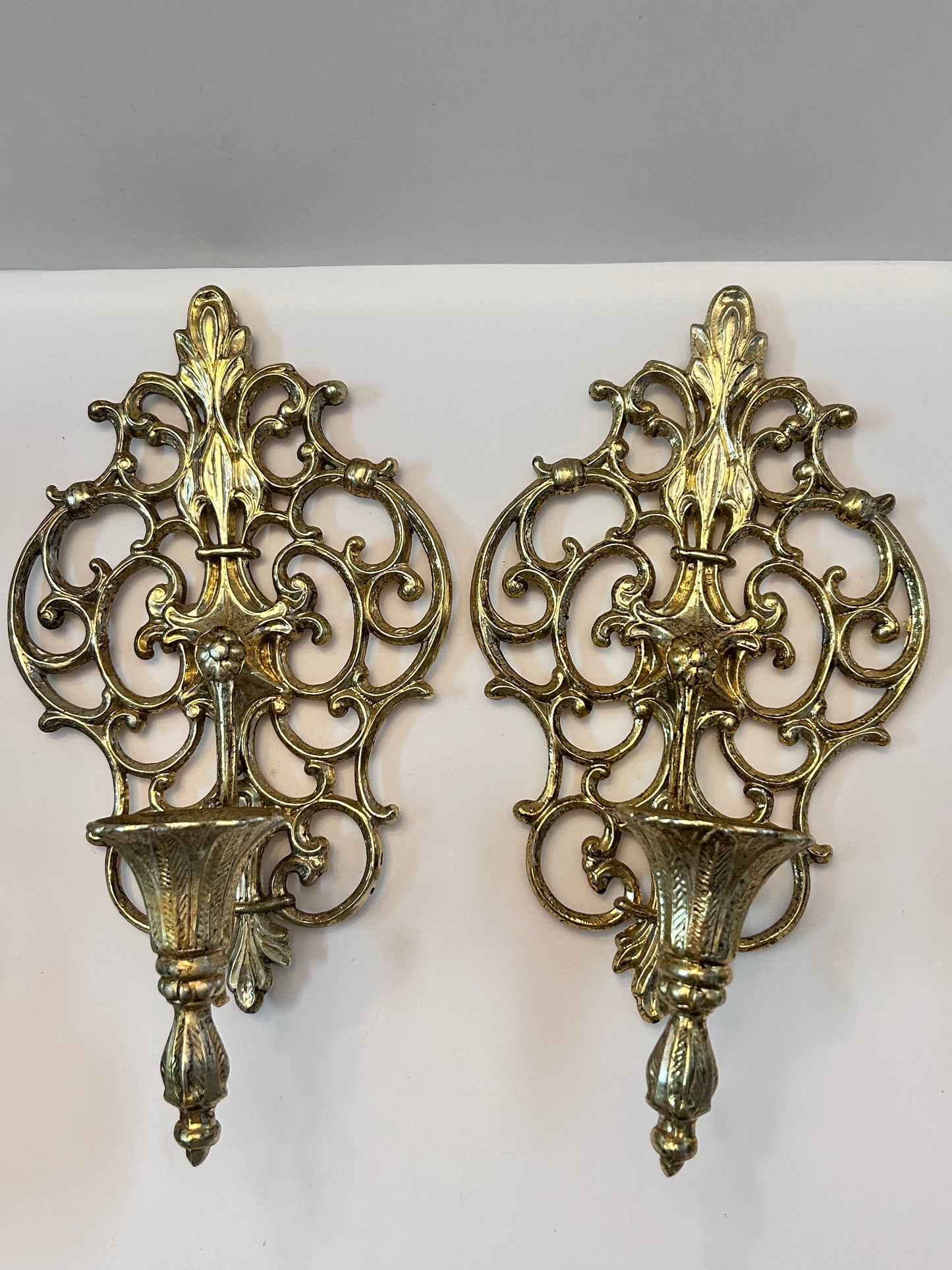 Pair of Vintage Mid Century Filigree Brass/Brass Plated Wall Sconces Candle Holders, French Rococo Style