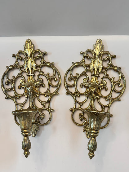 Pair of Vintage Mid Century Filigree Brass/Brass Plated Wall Sconces Candle Holders, French Rococo Style