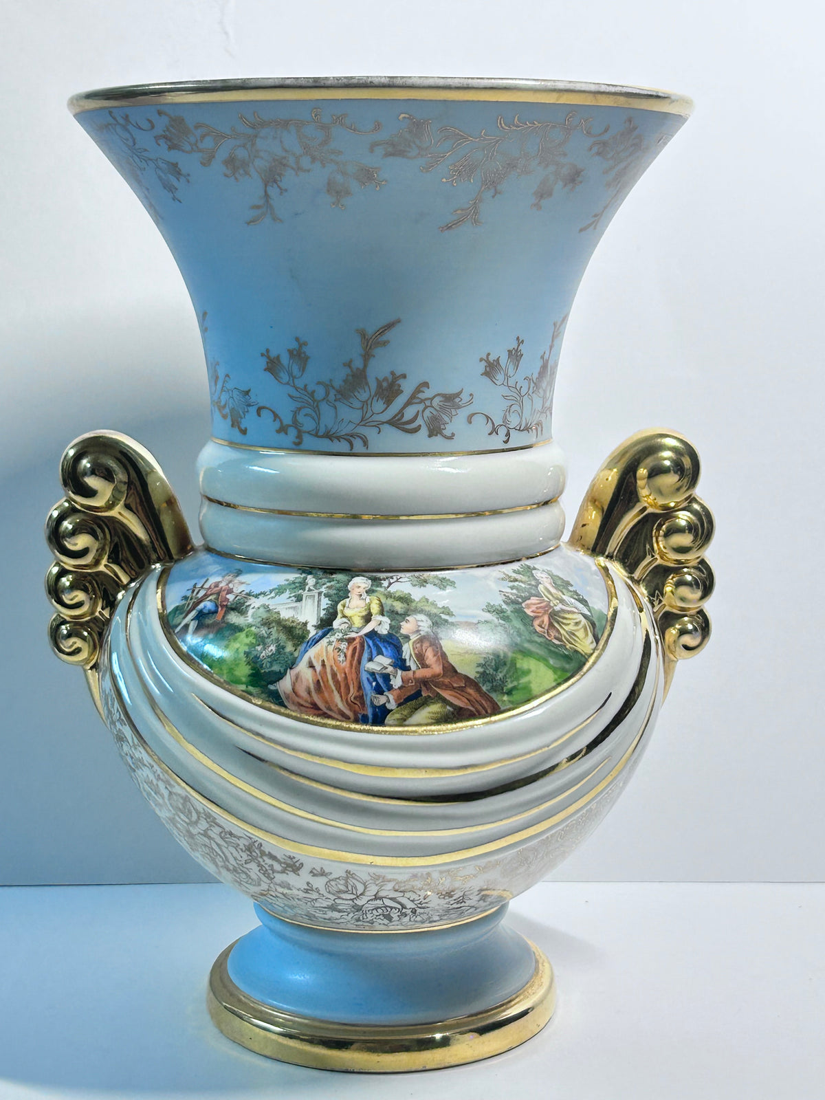 Vintage Abingdon Pottery USA Gold & Powder Blue Urn Vase - Fragonard Courting Couple
(#563)