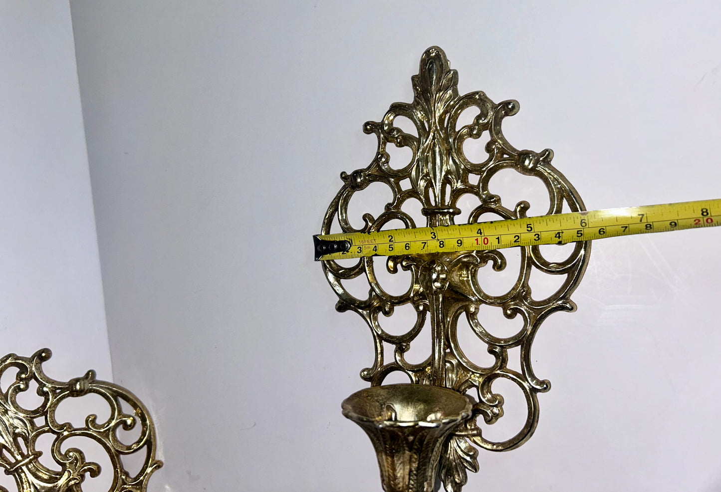 Pair of Vintage Mid Century Filigree Brass/Brass Plated Wall Sconces Candle Holders, French Rococo Style