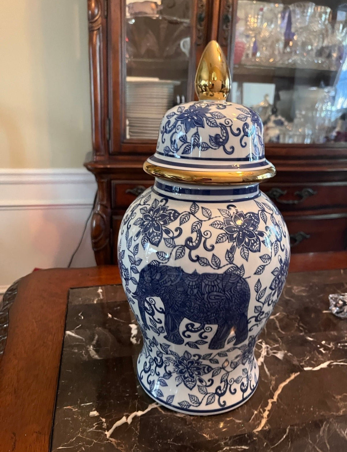 New Blue & White Porcelain 15" Elephant Lidded Jar Vase.