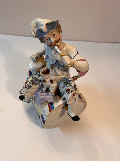 Antique German Porcelain Figurine Biscuit Barrel Jester & Dog Trinket Lidded Box