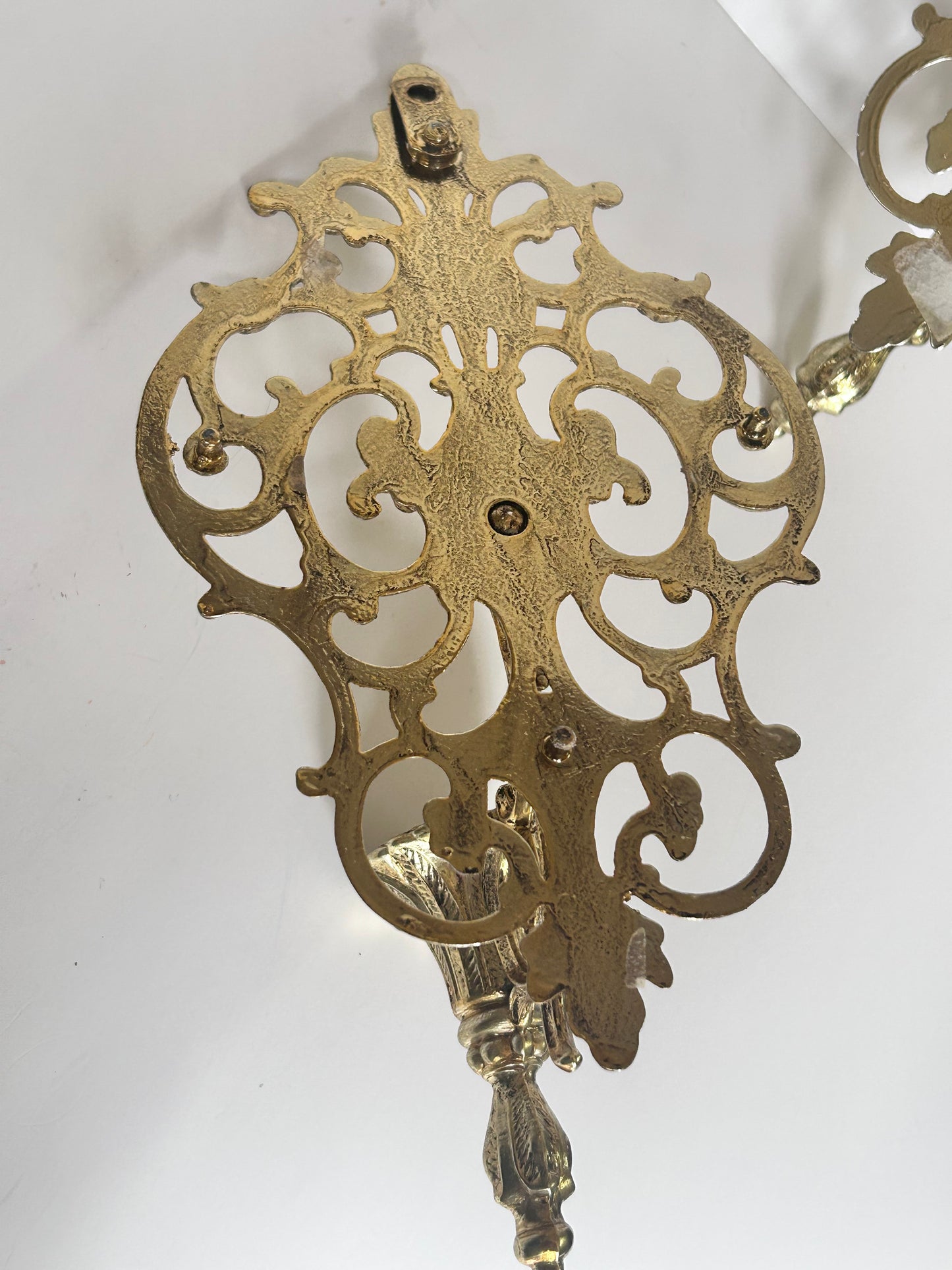 Pair of Vintage Mid Century Filigree Brass/Brass Plated Wall Sconces Candle Holders, French Rococo Style