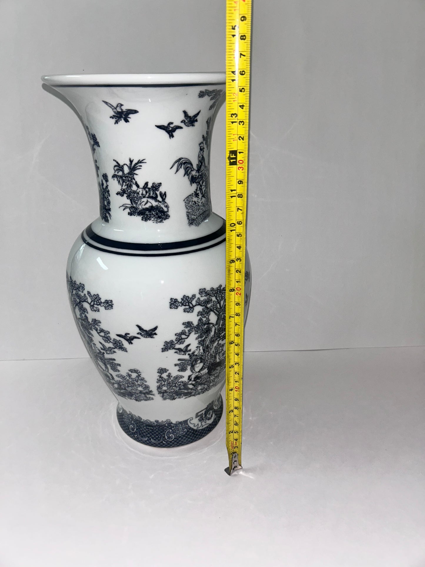 Vintage Black and White Porcelain Chinoiserie Vase - Rooster, Hen, & Rabbit Motif (14”)