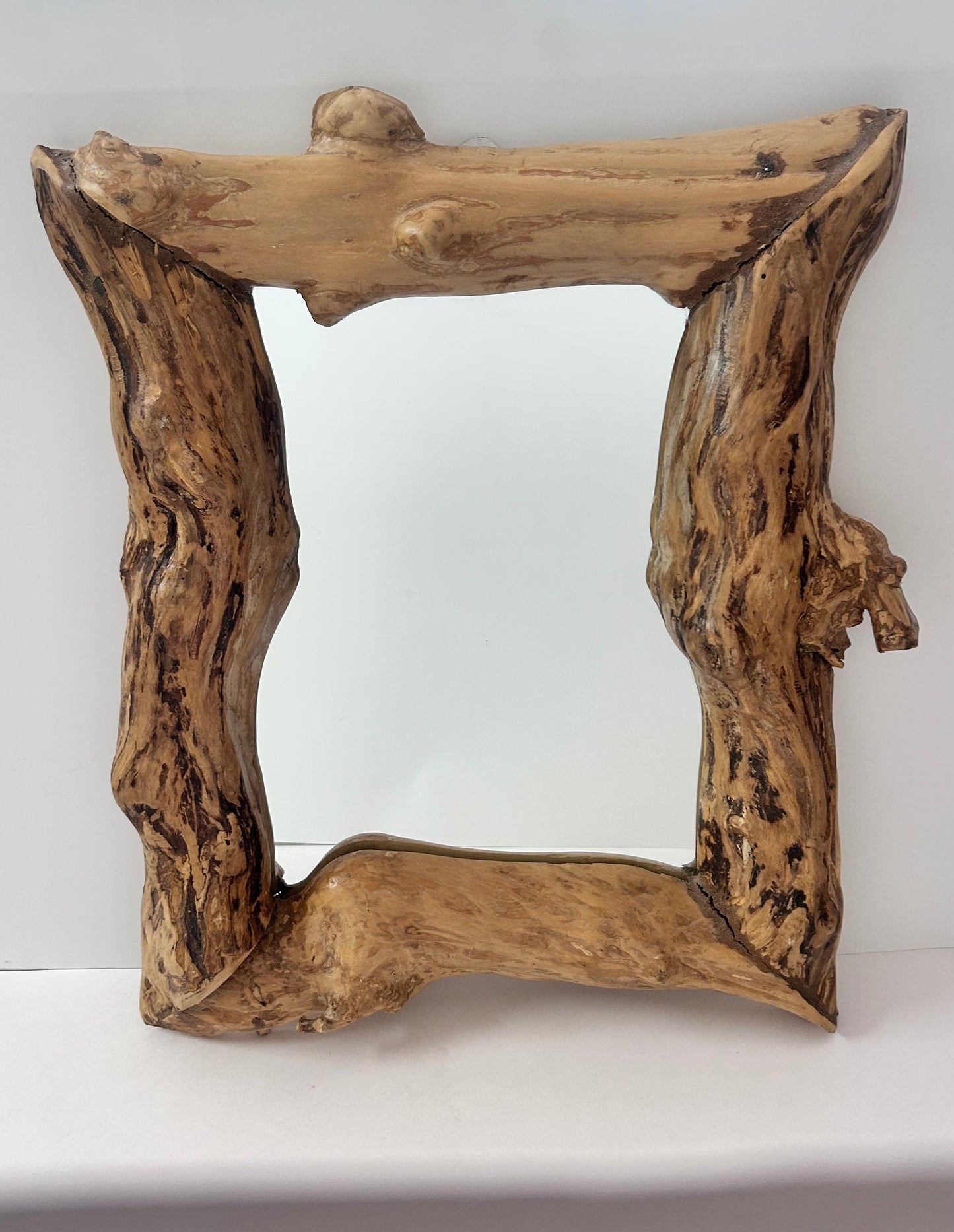 Vintage Artisan Hand-Carved Solid Wood Mirror - 19x16 Signed "Chen" - Rustic Live Edge Studio Craft
