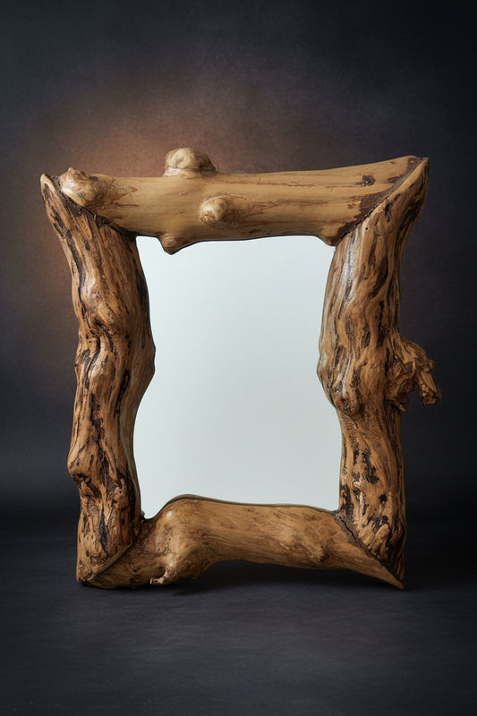 Vintage Artisan Hand-Carved Solid Wood Mirror - 19x16 Signed "Chen" - Rustic Live Edge Studio Craft