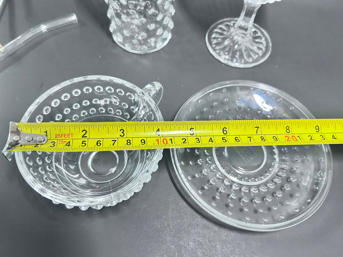 Clear Hobnail Glassware 4-Piece Set - Goblet, Tumbler with Glass Straw, Teacup & Saucer - Made in Portugal