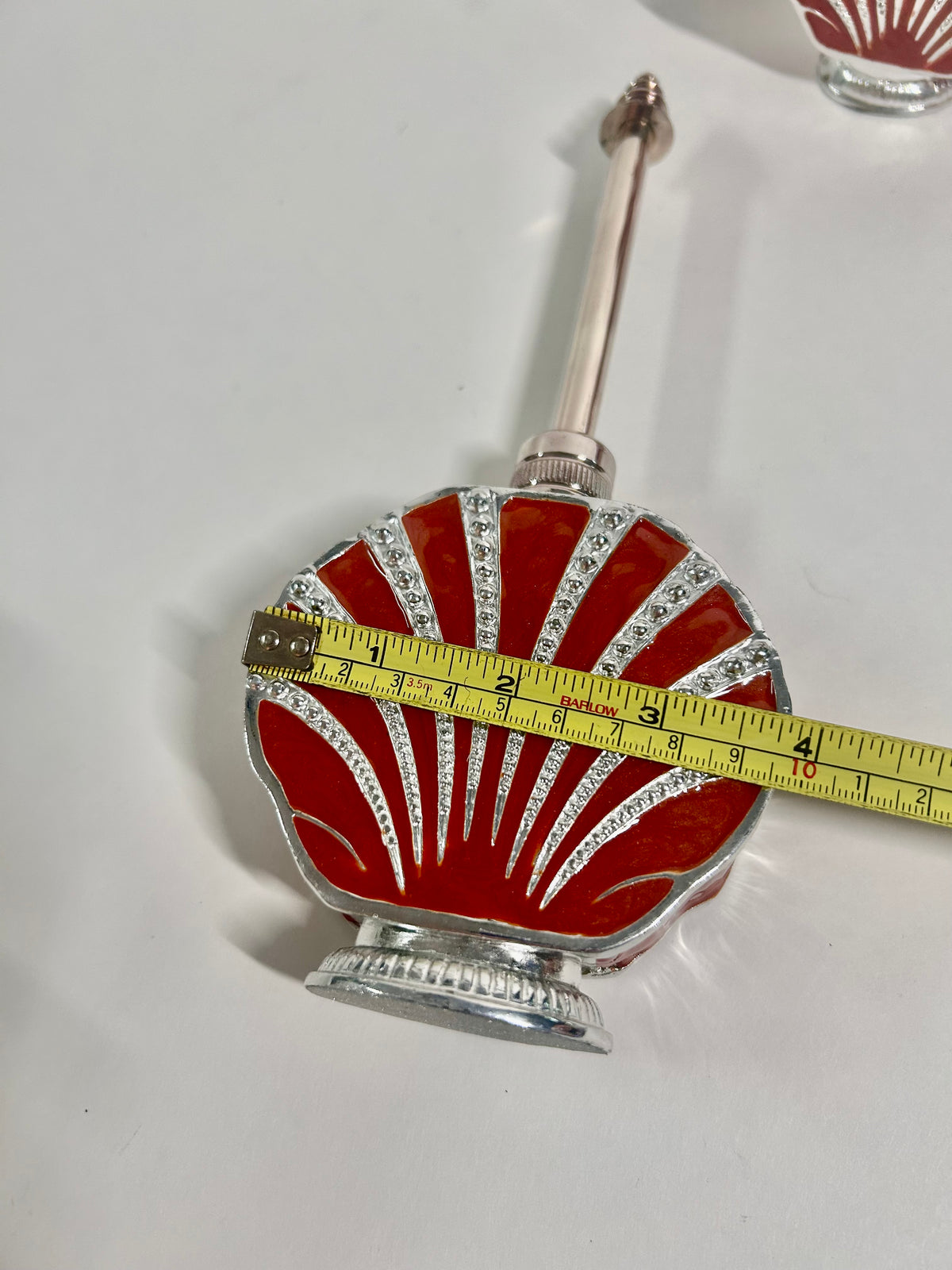 Vintage 3-Piece Red Enamel & Silver-Tone Shell Vanity Set - Perfume Sprinkler, Powder Jar & Dabber Bottle