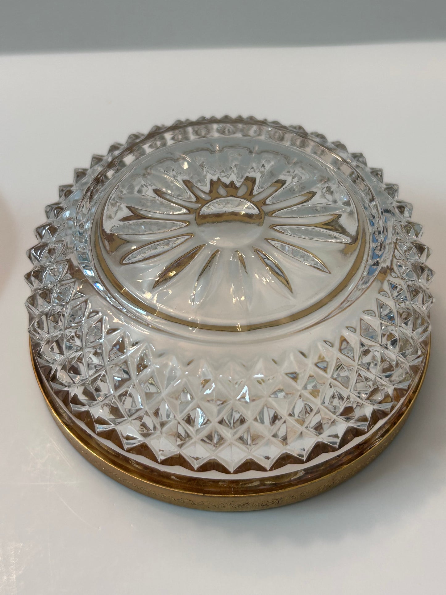 Vintage Baccarat Style Diamond Cut Crystal (4.5”) Candy Dish/ Powder Box with Gilt Bronze Rim