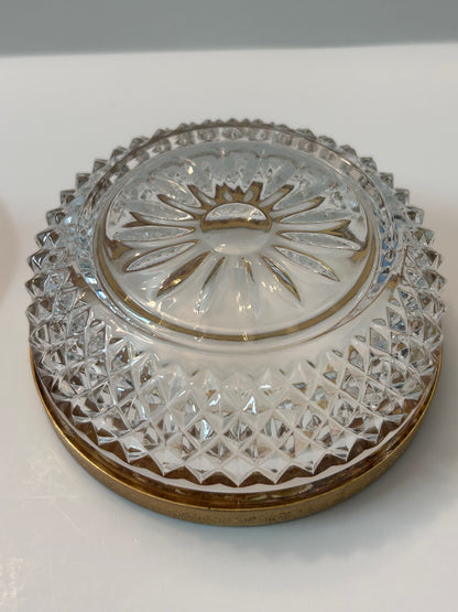 Vintage Baccarat Style Diamond Cut Crystal (4.5”) Candy Dish/ Powder Box with Gilt Bronze Rim