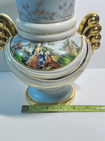 Vintage Abingdon Pottery USA Gold & Powder Blue Urn Vase - Fragonard Courting Couple
(#563)