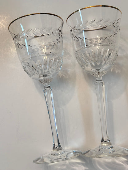 Set of 2 Vintage Lenox Monroe Gold Crystal Wine Glasses - Wheat Etch & Gold Rim - 7-1/4"
H - Made in USA