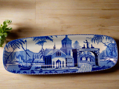 Pottery Barn Sophia Village Scene Rectangular Serving 19.5” Platter Crazed Glaze Finish