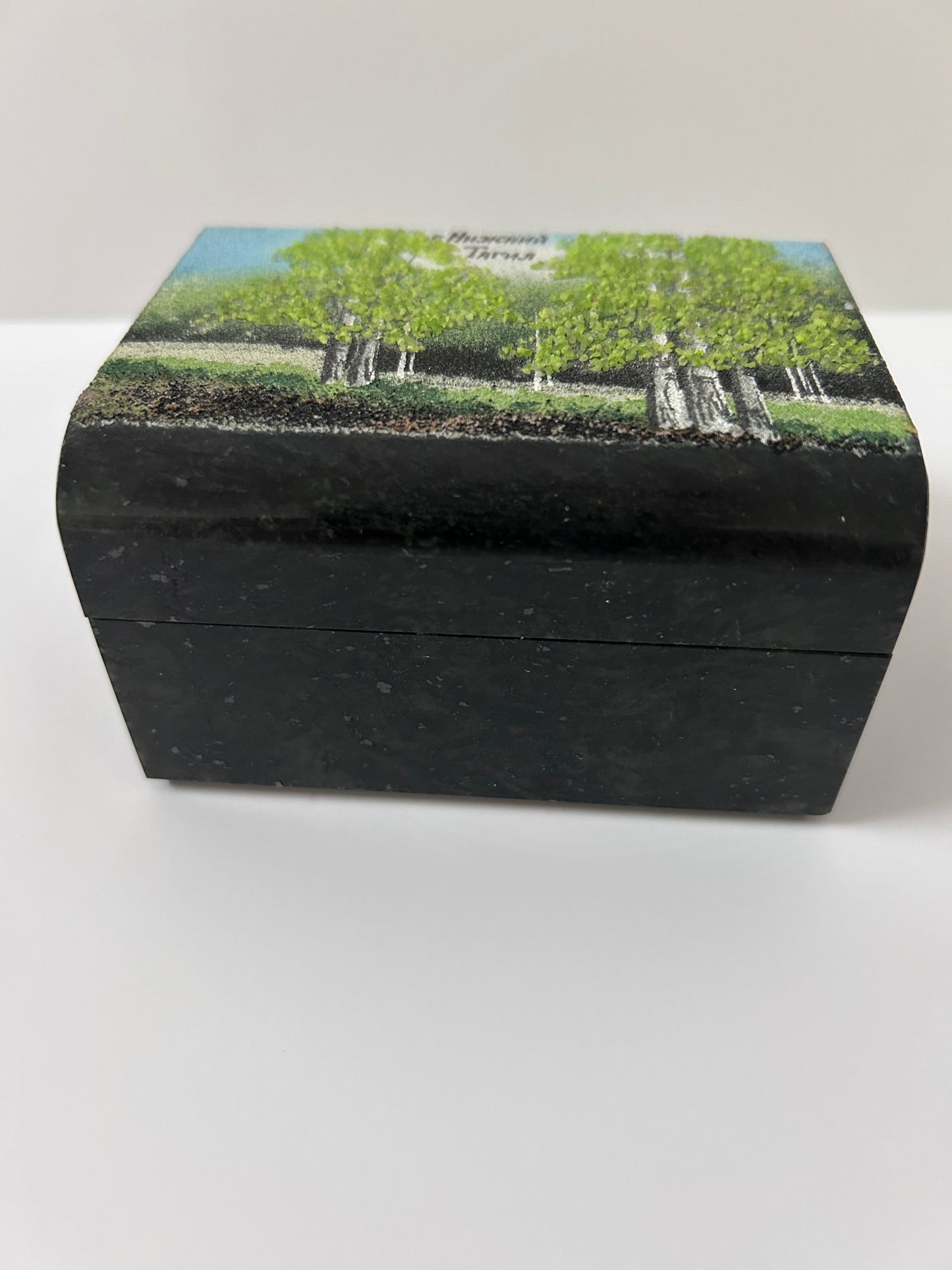 Vintage Russian Green Ural Serpentine Small Trinket Mosaic Hinged Casket - Birch Tree Scene