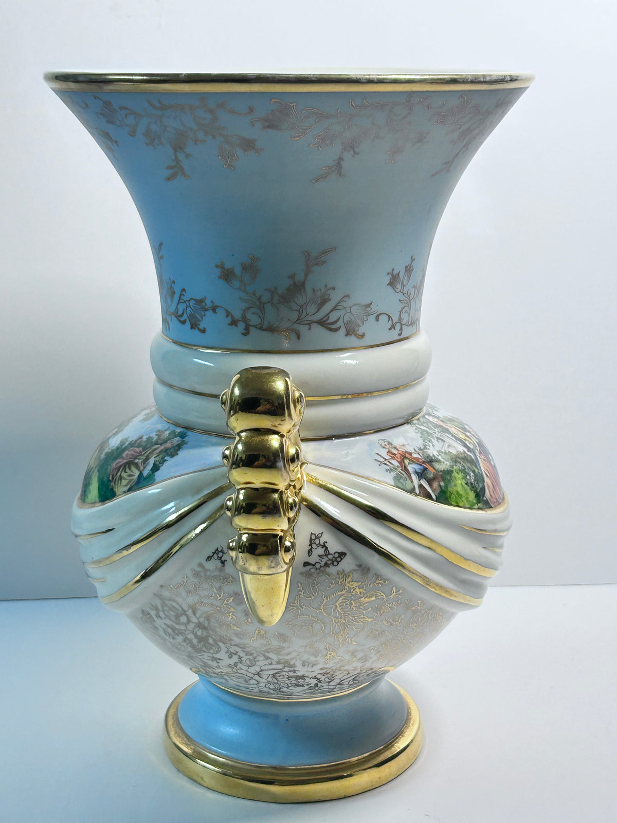 Vintage Abingdon Pottery USA Gold & Powder Blue Urn Vase - Fragonard Courting Couple
(#563)