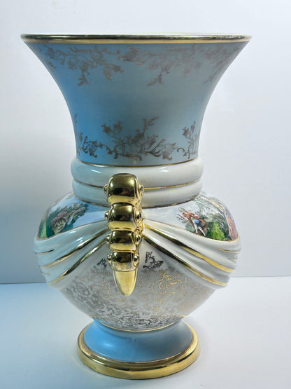 Vintage Abingdon Pottery USA Gold & Powder Blue Urn Vase - Fragonard Courting Couple
(#563)