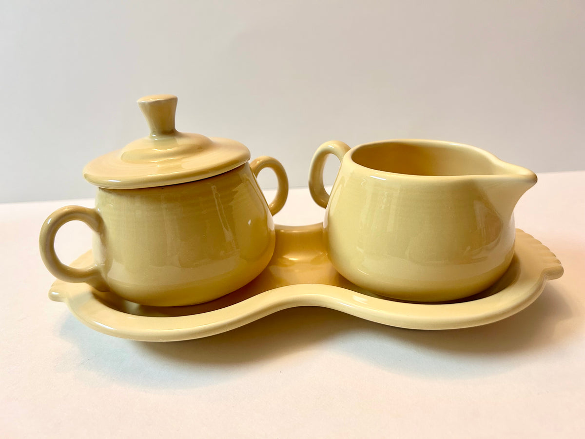 Fiesta Yellow Sugar and Creamer Set with Figure 8 Tray - Post-1986 Lead-Free HLC